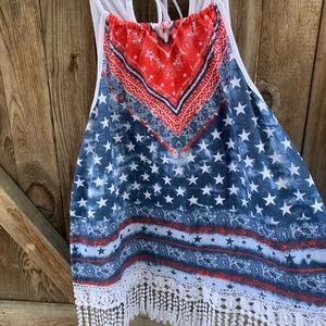 Patriotic fringe blouse. Red, white blue Size Lg